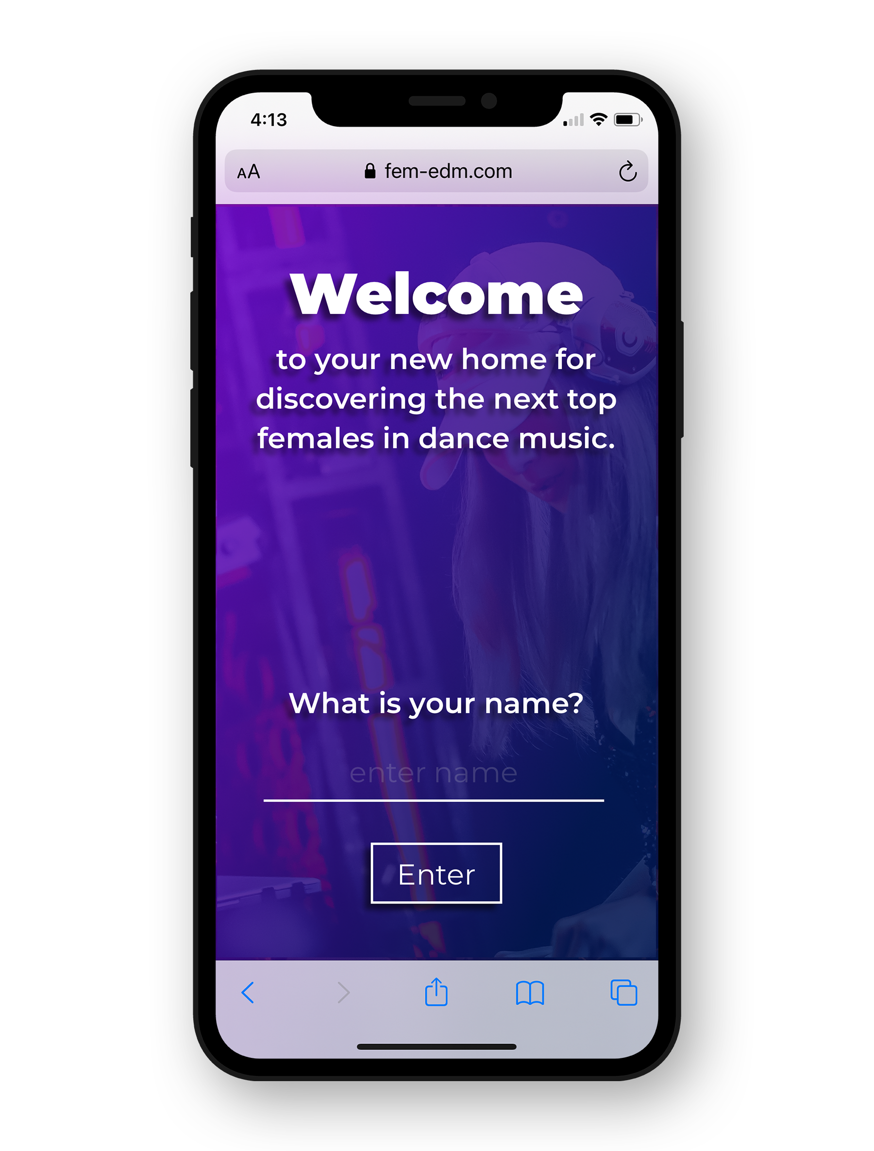 Mockup of the femEDM website on mobile