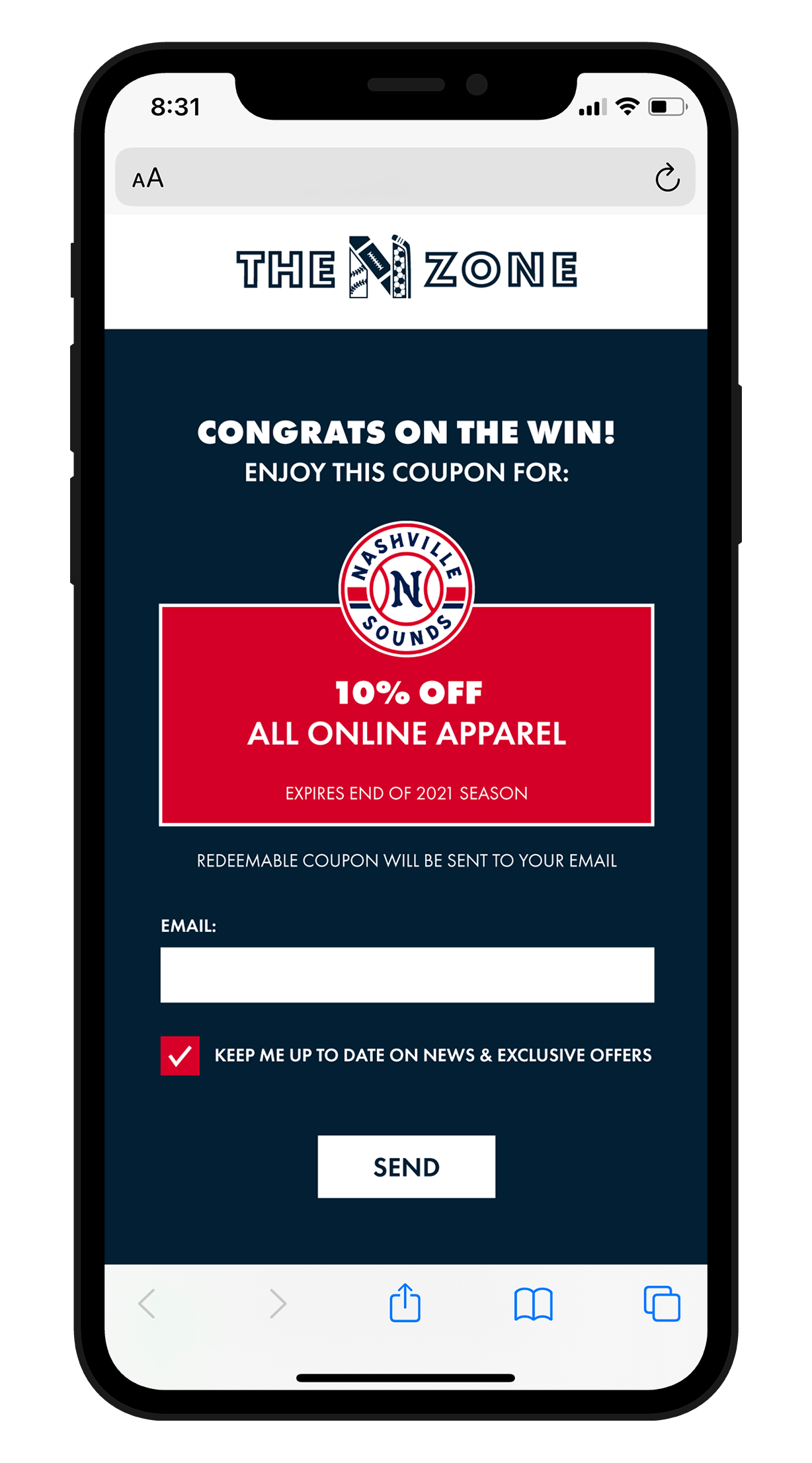 Mockup of the N Zone baseball QR code coupon on phone