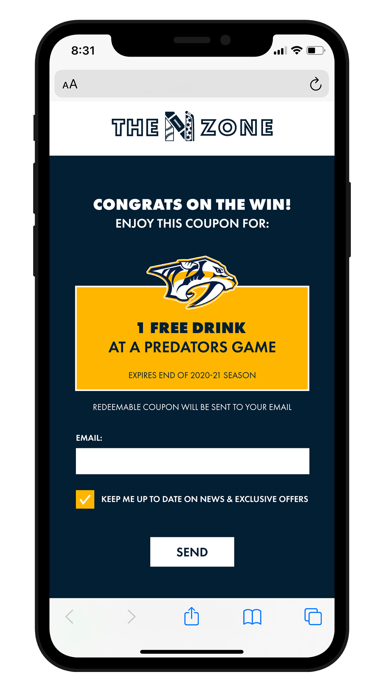 Mockup of the N Zone hockey QR code coupon on phone