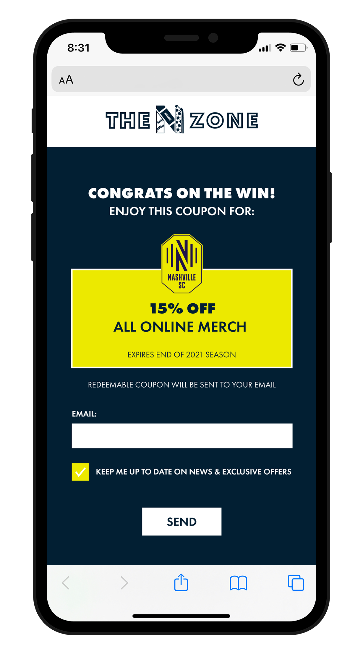 Mockup of the N Zone soccer QR code coupon on phone