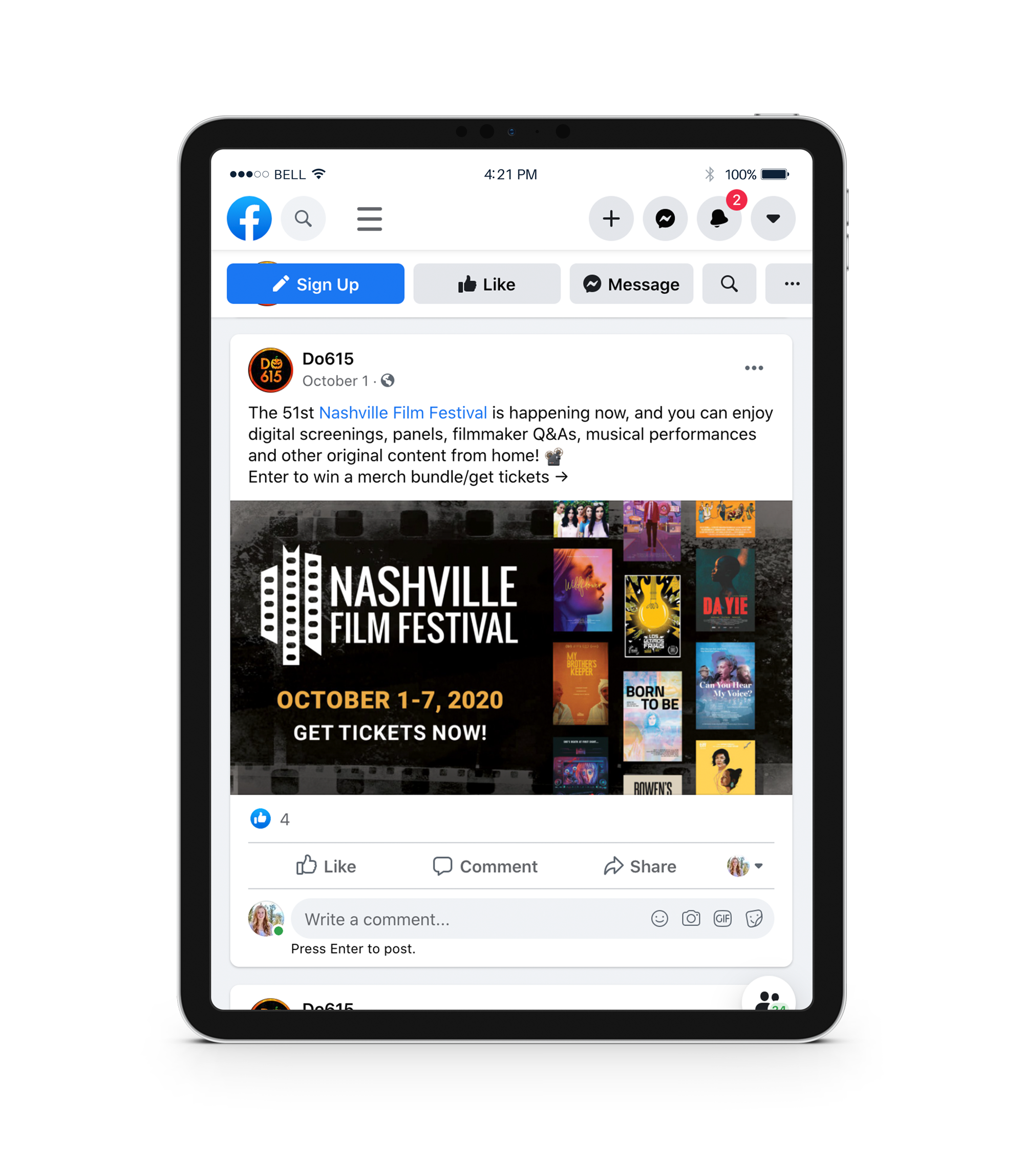 mockup of an ad for Nashville Film Festival on facebook on an ipad