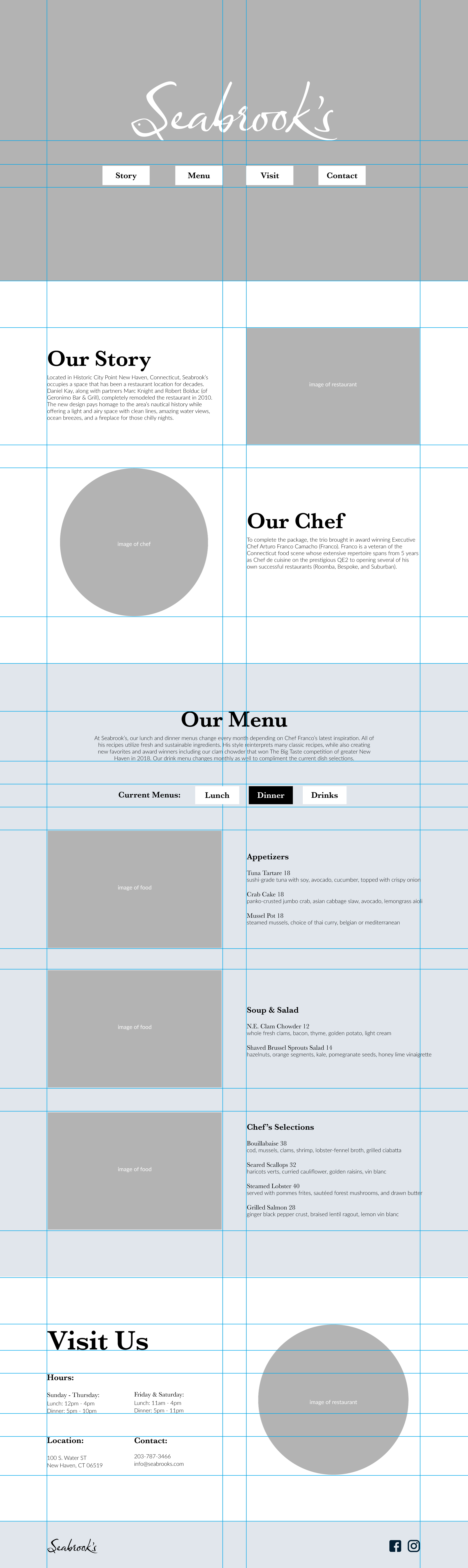 Seabrook's landing page low fidelity with grid lines