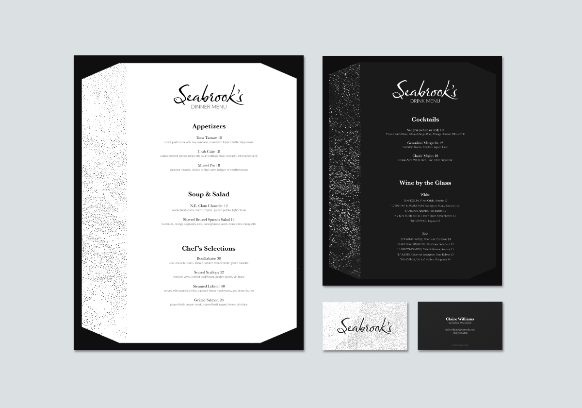 mockup of Seabrook's menu and buisness card